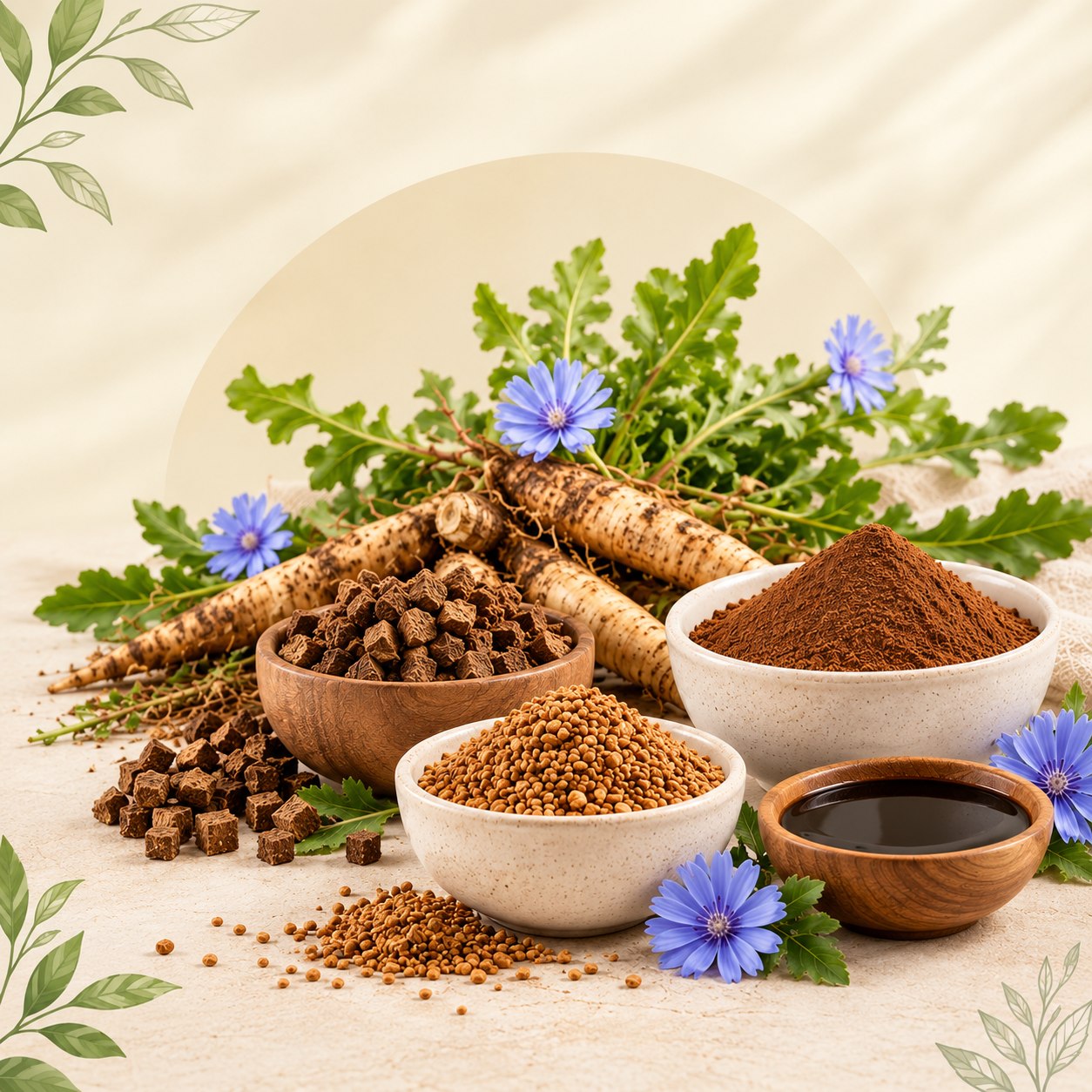 Chicory roots, cubes, granules, powder and extract with fresh chicory flowers